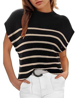 Dokotoo Women's Sweater Cap Sleeve Mock Neck Basic Loose Fit Ribbed Knit Pullover Striped Sweater... | Amazon (US)