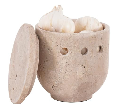 SPESHSTONES Garlic Keeper 4.5" Inches Travertine Handmade Garlic Holder Jars With Lid - Stone Garlic Container For Countertop Storage, Travertine Garlic Keeper, Garlic Cellar for Fresh Garlic | Amazon (US)