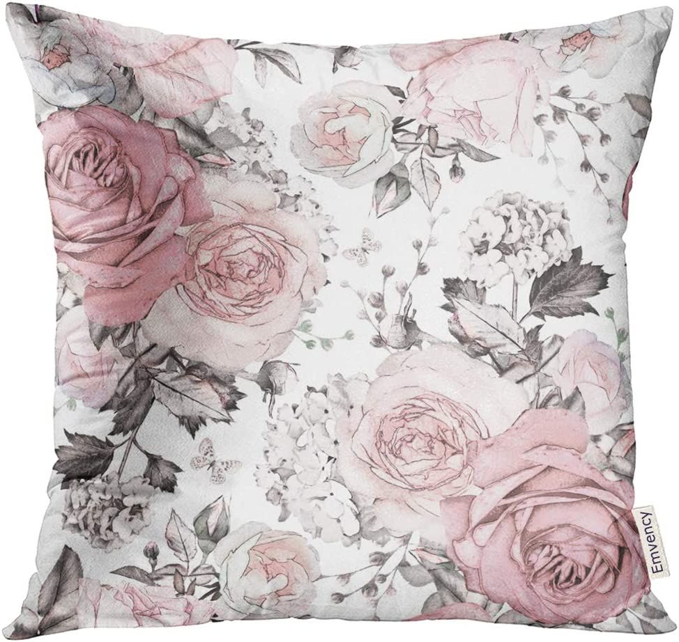 Golee Throw Pillow Cover Gray Abstract with Pink Flowers and Leaves on White Watercolor Floral Pa... | Amazon (US)