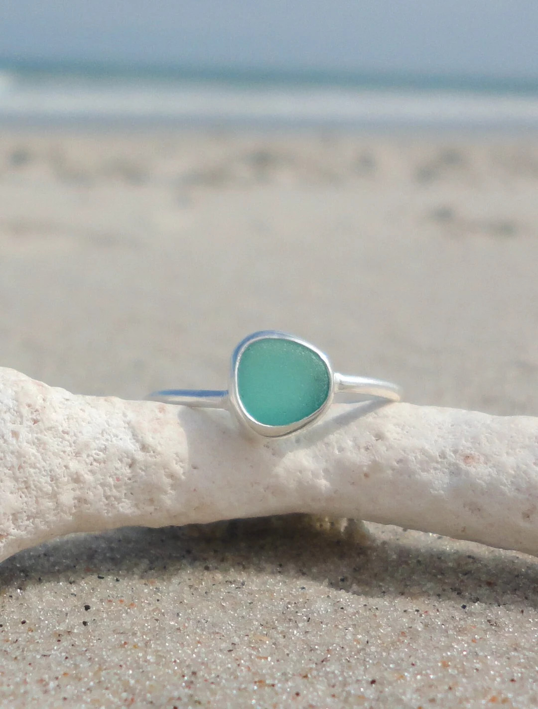 Teal Sea Glass Ring, Thin Sterling Silver Minimalist Beach Ring, Sea Glass Jewelry, Mermaid Ocean... | Etsy (US)