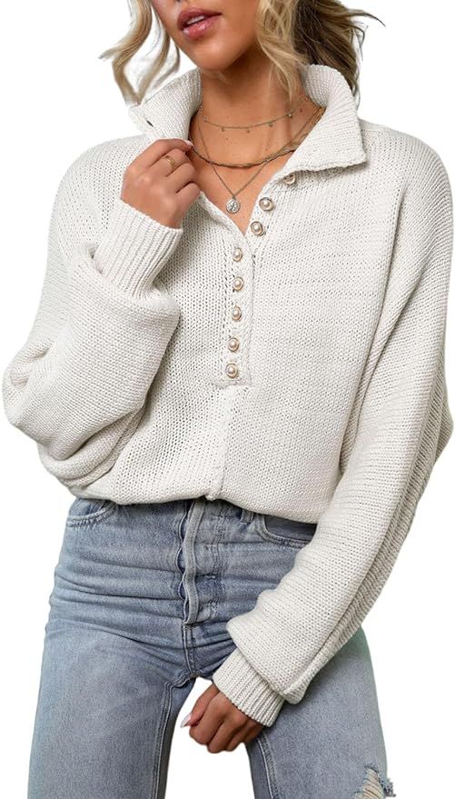 EVALESS Womens Oversized Knit Chunky Fall Sweater Tops 2023 V Neck Long Sleeve Lapel Collar Butto... | Amazon (US)