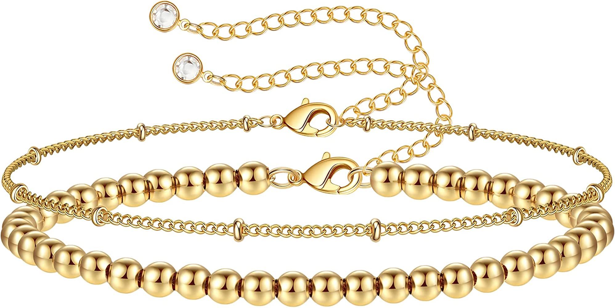 Dainty Gold Bracelets for Women, 14K Gold Filled Adjustable Layered Bracelet Cute Evil Eye Oval Chai | Amazon (US)