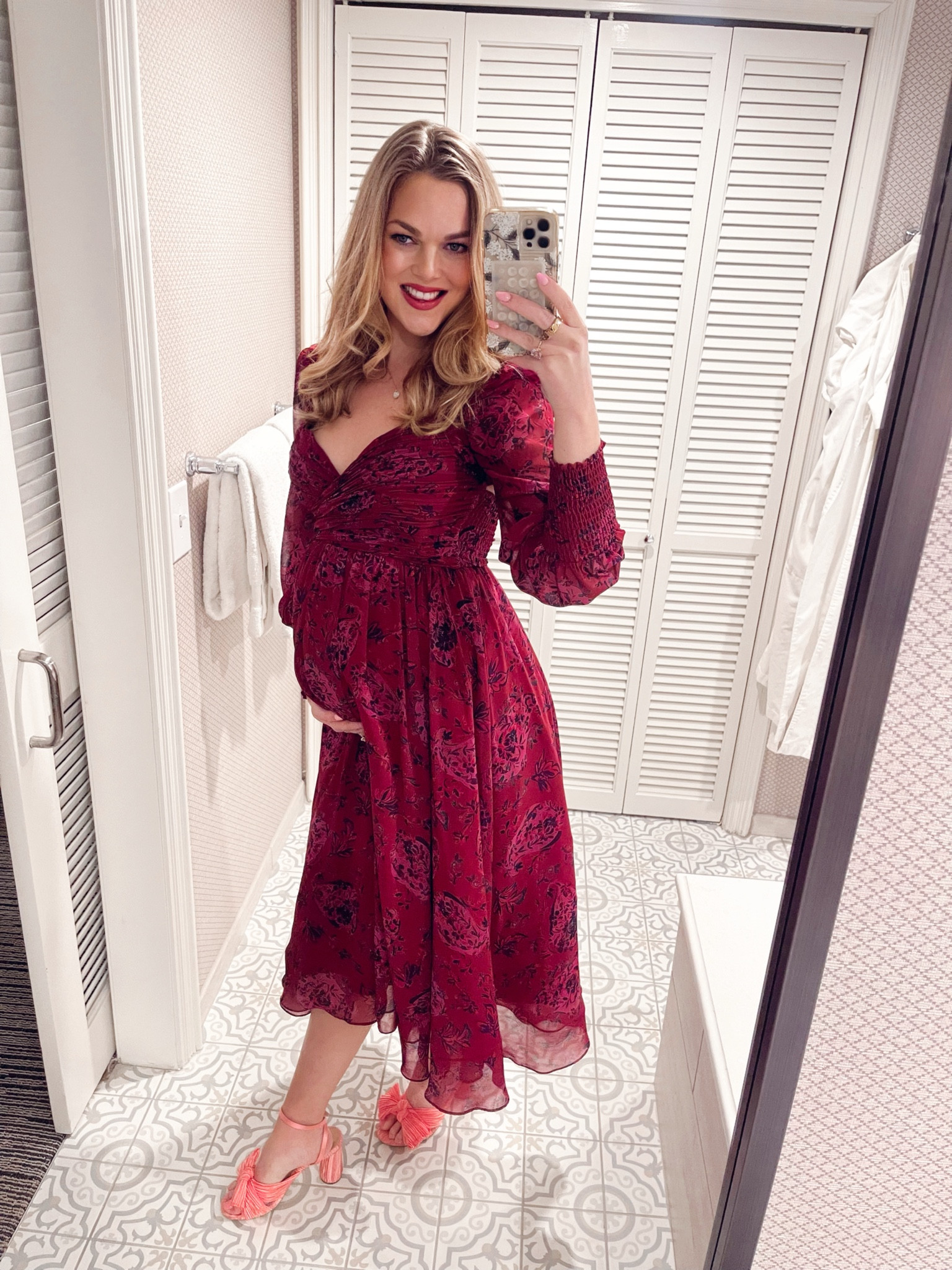 Holiday cocktail party dress. Maternity outfit. Bump friendly. Badgley Mischka dress. Open back midi dress. Pink bow heels  

#LTKHoliday #LTKWedding #LTKBump