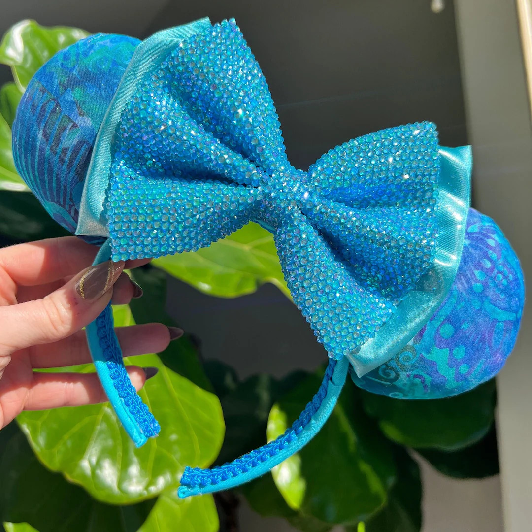 Avatar Pandora UV glow rhinestone blue mouse ears. Animal kingdom night bioluminescent blue satin... | Etsy (US)