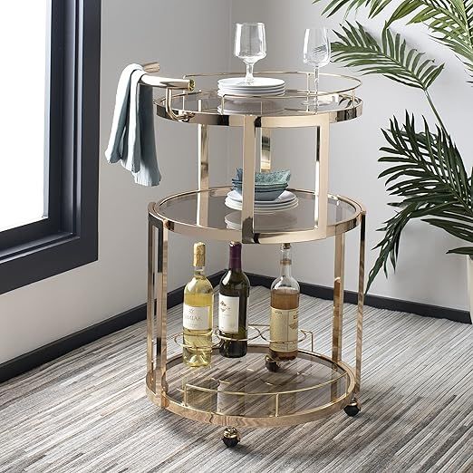 Safavieh Home Collection Rio Gold and Tea Colored Glass 3-Tier Round Bar Cart and Wine Rack | Amazon (US)