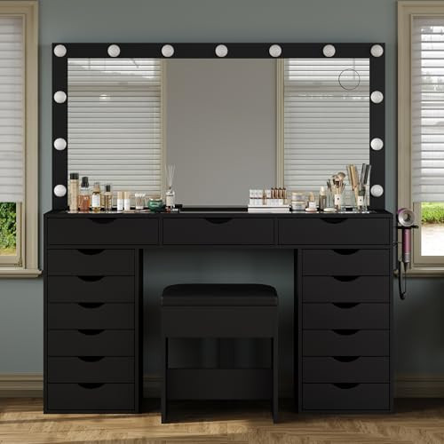 Yanosaku 15 Drawers Vanity Desk with Power Outlet, Makeup Table with Mirror and 13 LED Lights, 3 Color Lighting Modes, Brightness Adjustable, Glass Top Dressing Table, Vanity Set for Bedroom (Black) | Amazon (US)