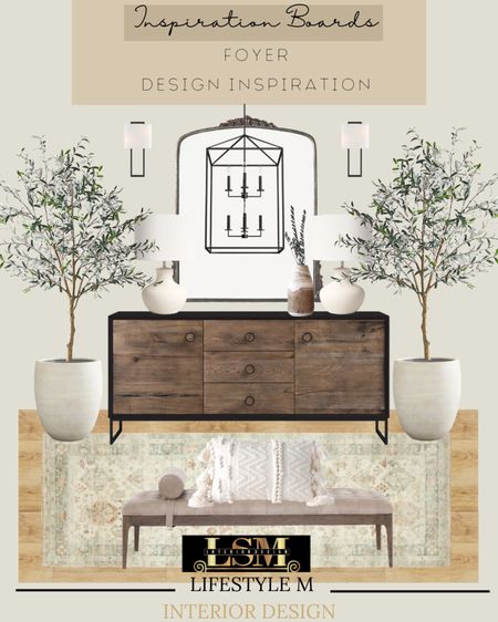 Foyer Design Inspiration. Recreate the look at home. Wood foyer console table, wood upholstered bench, foyer runner, table lamp, table vase, black decor mirror, white tree planter pot, faux fake tree, wall sconce light, black lantern foyer pendan light, throw pillow. #competition 

#LTKstyletip #LTKFind #LTKhome