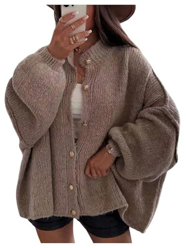 SweatyRocks Women's Oversized Cardigans Long Lantern Sleeve Button Down Fall Sweater Coats Khaki X-Small | Amazon (US)
