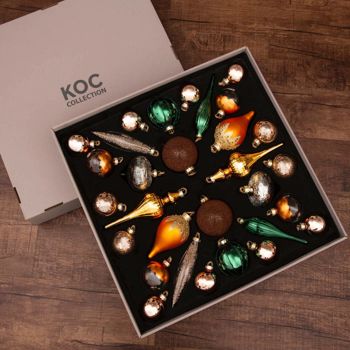 Natural 30-Piece Glass Ornament Set (Burnt-Orange, Green) Limited Edit | King of Christmas