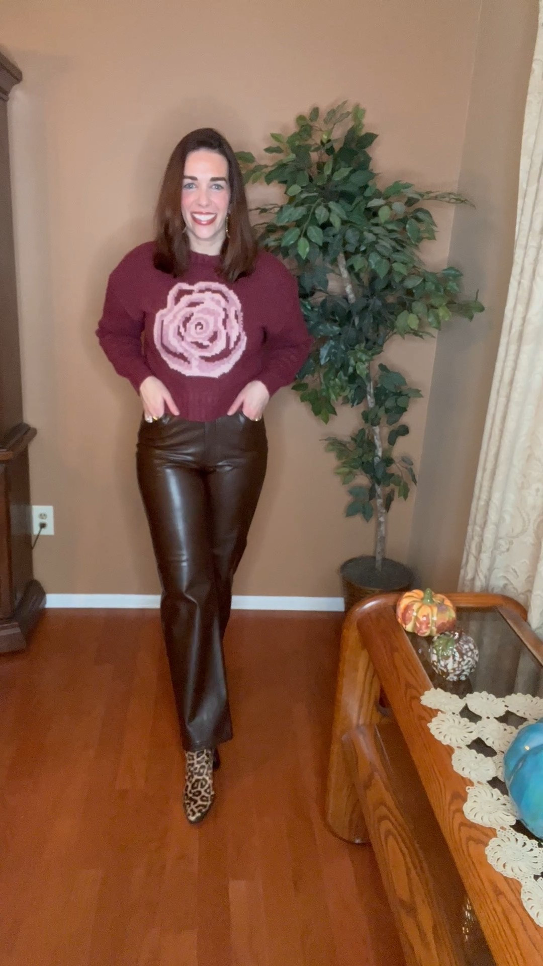 Rose burgundy sweater (xs). Brown faux leather straight leg pants (27). Leopard boots (8.5). #sweater #rosesweater #burgundysweater #pants #straightlegpants #fauxleatherpants #brownpants #boots #leopardboots #thanksgiving #thanksgivingoutfit
Thanksgiving  

#LTKSeasonal #LTKStyleTip #LTKFindsUnder100