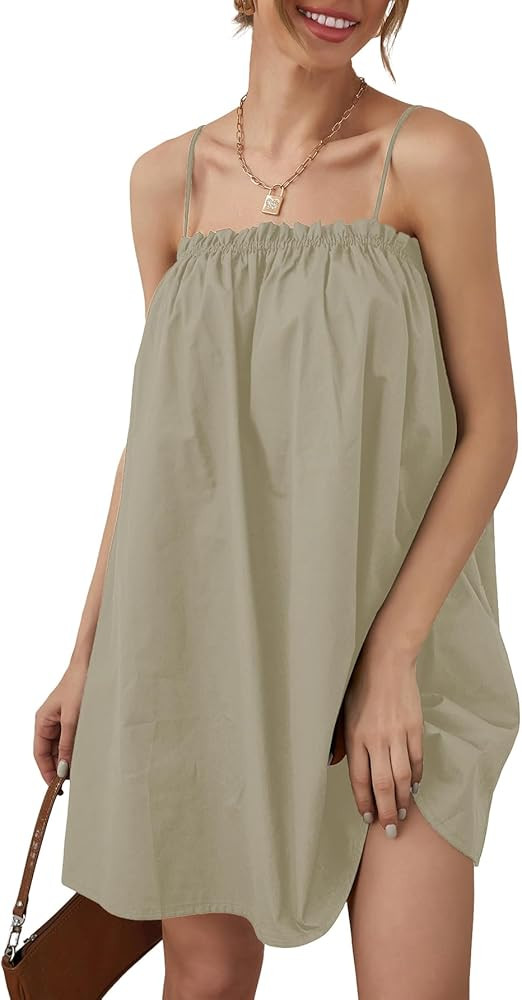 OYOANGLE Women's Spaghetti Straps Sleeveless Loose Ruffle A Line Cami Short Dress with Pocket | Amazon (US)