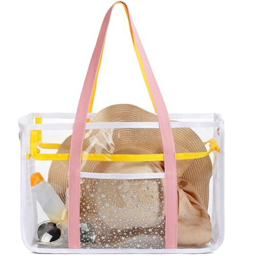 Beach Bags for Women - Beach Tote Bag with Waterproof Pocket, PVC Tote Bag Sandproof Pink | Amazon (US)