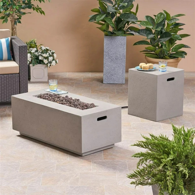 Alison Outdoor Rectangle Light Weight Concrete Gas Fire Pit with Tank Holder, Light Gray | Walmart (US)