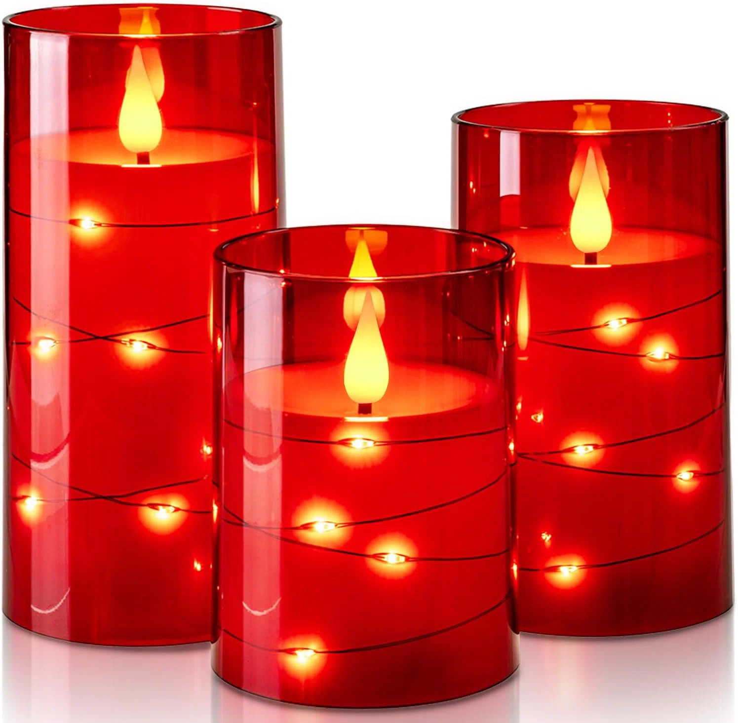 Red Flameless Candles 3 Set, Flickering Battery Operated Candles Embedded Fairy String Light, Rea... | Wayfair North America