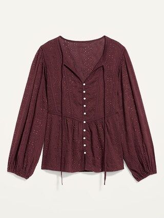 Oversized Embroidered Cutwork Tie-Neck Blouse for Women | Old Navy (US)