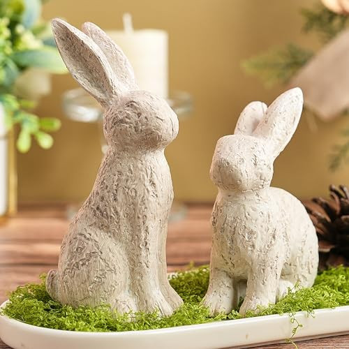 AOMOONOA Beige Easter Bunny Decor, Bunny Figurines Set of 2, Resin Rabbit Decor with Stone-Look Finish, Vintage Bunnies Statue for Spring Table Centerpiece, Rustic Home, Farmhouse Mantle Shelf Decor | Amazon (US)