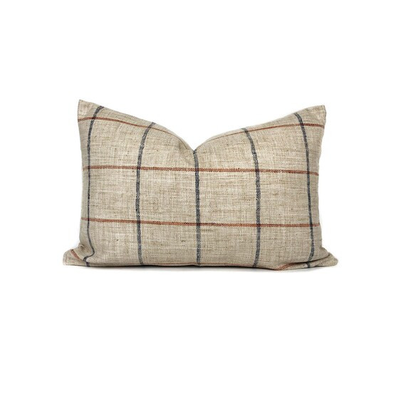 Rustic Woven Windowpane Pillow Cover  Plaid  Blue and Rust  | Etsy | Etsy (US)