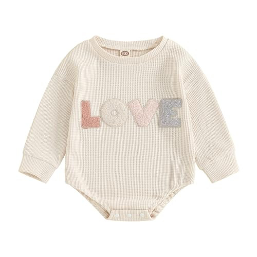 Baby Boy Girl Fall Sweatshirt Romper Love Embroidery Long Sleeve Waffle Onesie Jumpsuit Newborn Valentines Day Outfits (Beige, 6-12 Months) | Amazon (US)