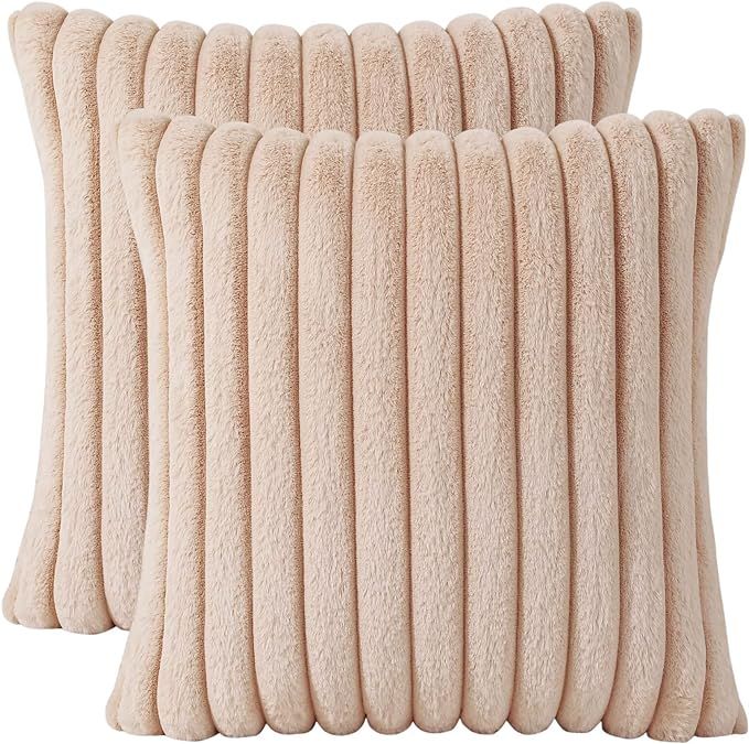 AmHoo Pack of 2 Decorative Throw Pillow Covers Faux Rabbit Fur Cozy Velvet Super Soft Fuzzy Strip... | Amazon (US)