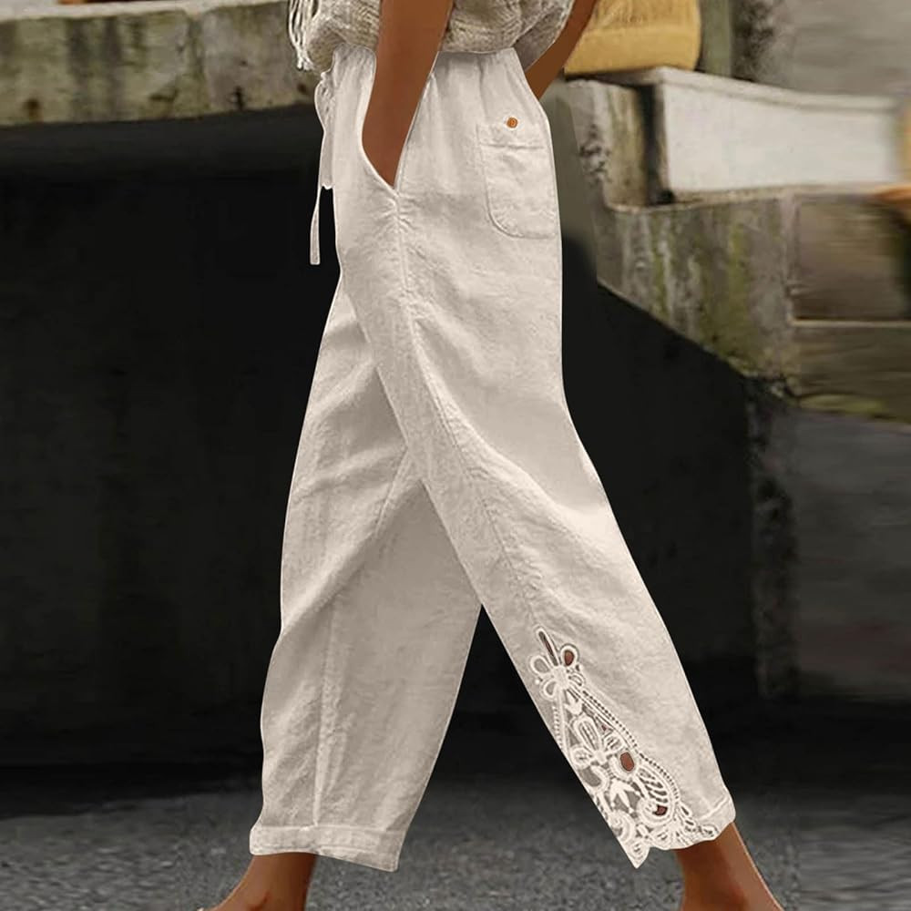 Linen Pants for Women Summer 2026 Trendy Beach Slacks Casual Vintage Lace Design Drawstring Elast... | Amazon (US)