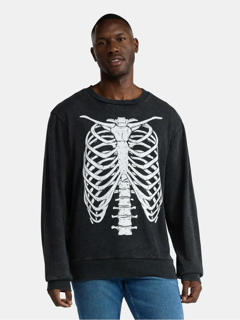 Halloween Crewneck Mineral Wash Fleece Sweatshirt, Skeleton Rib Cage, Men's Sizes XS-3XL | Walmart (US)