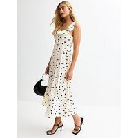 New Look Polka Dot Ruffle Trim Chiffon Midi Dress - Cream | Very (UK)
