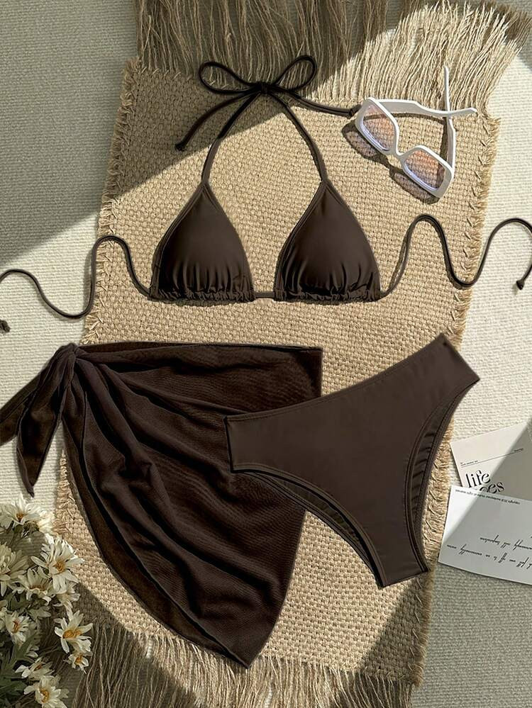 Swim Vcay 3pcs/Set Solid Color Bikini Swimwear, Vacation Beach Brown Bathing Suit Women Bikini Set High Waist Brown Two Pieces Set Women Brown Bikini Set Two Pieces Beach Set | SHEIN