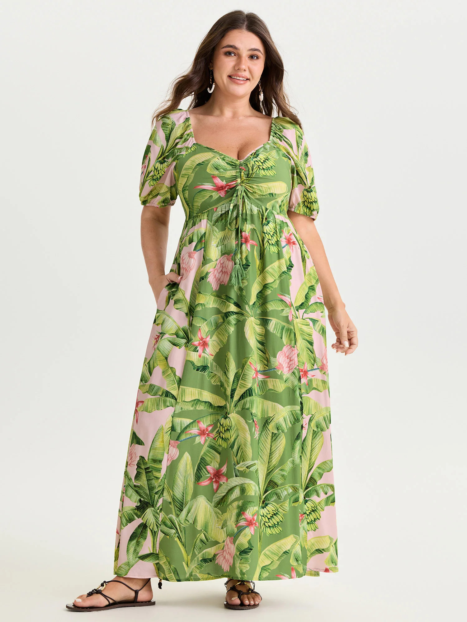 Supersoft Tropical Floral Print Ruched Bodice Maxi Dress | Bloomchic