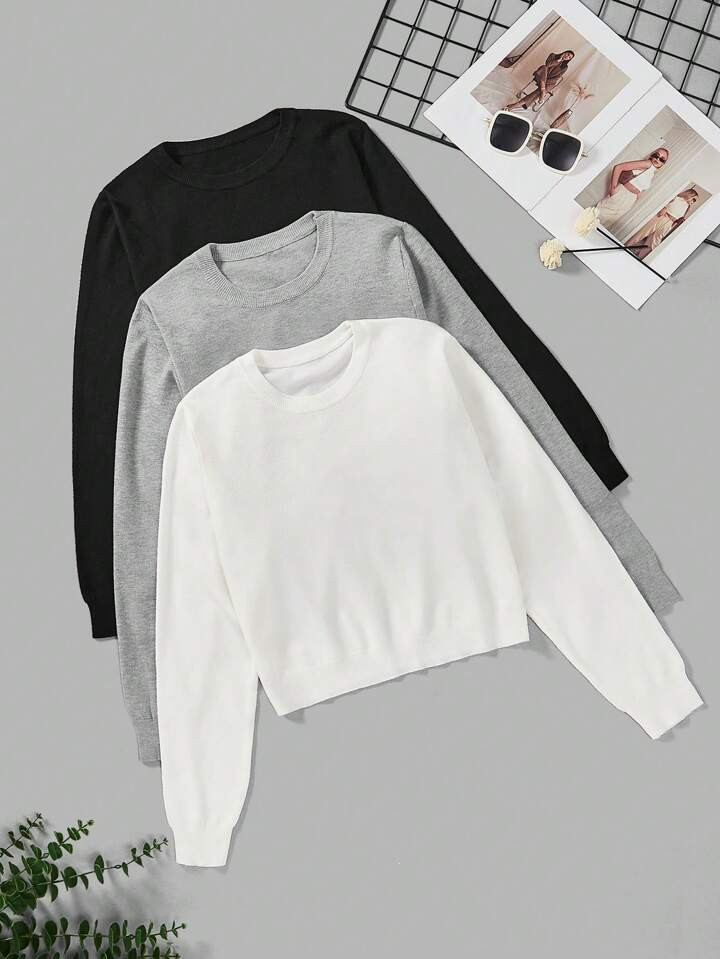 SHEIN EZwear Plus 3pcs Solid Round Neck Sweater | SHEIN