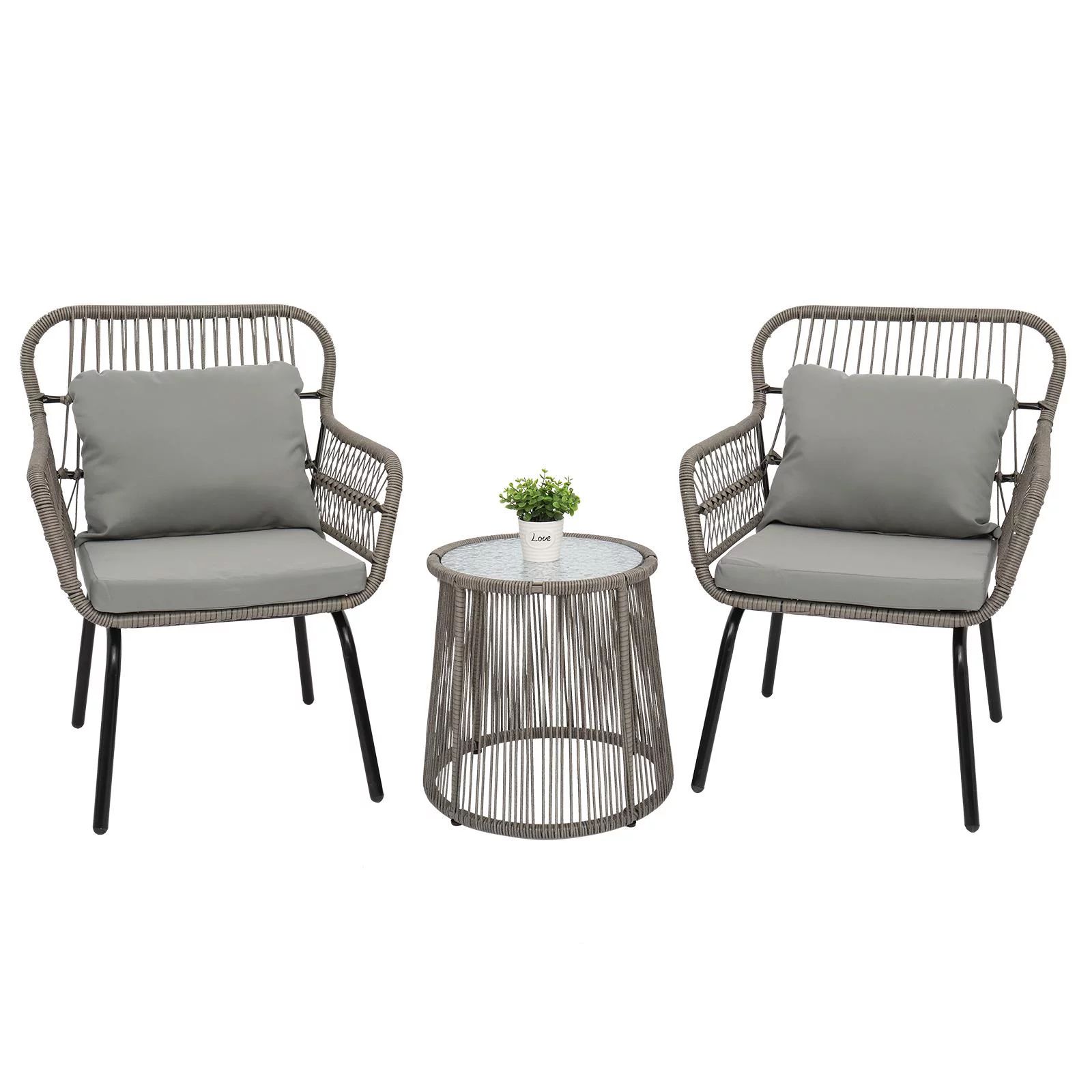 Ktaxon 3-Piece Outdoor Wicker Bistro Set w/ Glass Top Side Table, Gray - Walmart.com | Walmart (US)