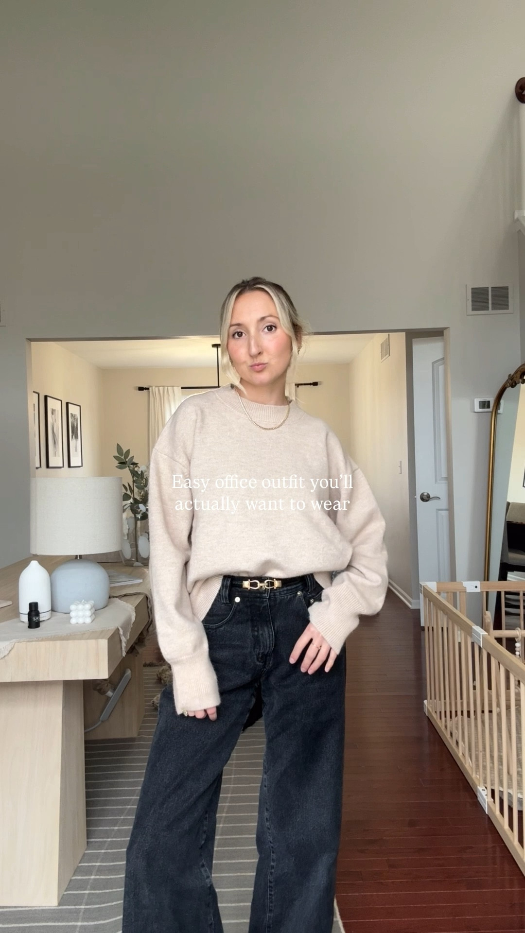 Office ootd ✨ wearing xs in sweater TTS. Can’t link jeans but they are The maxwell from Nakedvice