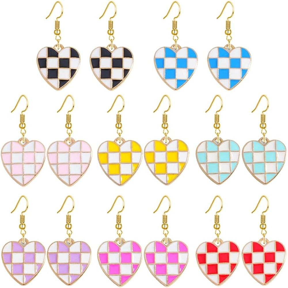 8 Pairs Heart Checkerboard Earrings for Women Dainty Hearts Hoop Earrings Love Shape Checkerboard... | Amazon (US)