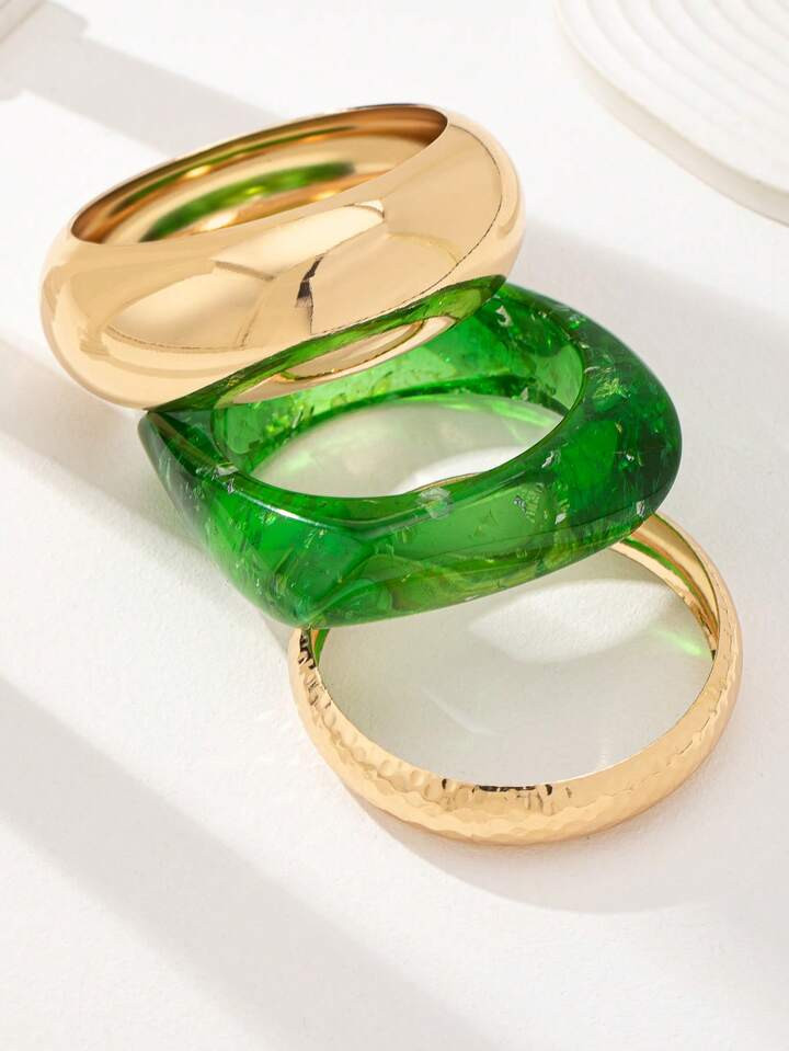 Pack Of 3 Geometric Square Shape Green Color Resin Cuff Bangle Bracelets Set , Golden Color Chunky Metal Wheels Bangles Set Women Basic Design Jewelry Suitable For Daily Outfit | SHEIN