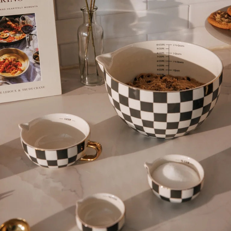 Thyme & Table 5-Piece Ceramic Mixing Bowl and Measuring Set - Green Checkered | Walmart (US)