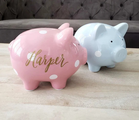 Personalized Polka Dot Piggy Bank Gift for Baby, Pink Piggy Bank for Girl, Blue Piggy Bank for Bo... | Etsy (US)