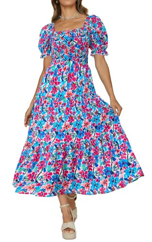 PRETTYGARDEN Women's Boho Floral Print Summer Dresses Square Neck Puff Sleeve A Line Long Dress S... | Amazon (US)