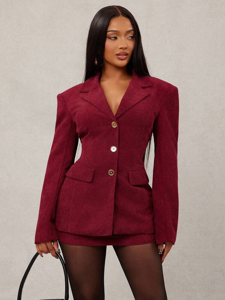 Radiana Autumn/Winter Vintage Elegant Commuter Burgundy Corduroy Suit Set - Waist Fitted Blazer + Low Waist Skirt 2 Pieces Set (Includes Shoulder Pads), French Elegant Suit Set For Date, Party, Holiday, Formal Occasions Blazer Skirt Set Slim-Fit Waist Suit Short Suit Set Women Burgundy Outfit Women | SHEIN
