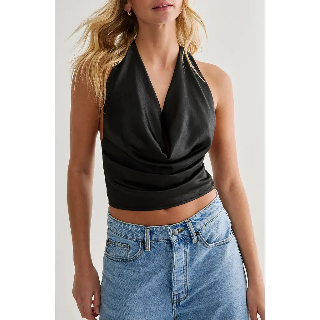 NASTY GAL Hammered Satin Halter Top in Black at Nordstrom, Size 12 | Nordstrom
