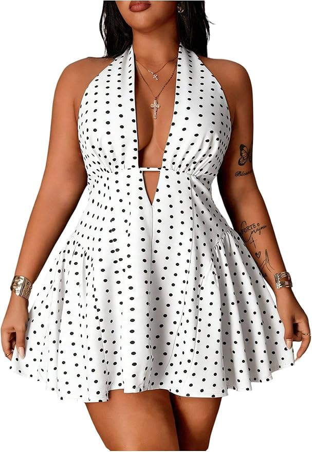 Floerns Women's Plus Size Cute Polka Dots Halter Mini Dress Ruffle A Line Going Out Dresses | Amazon (US)