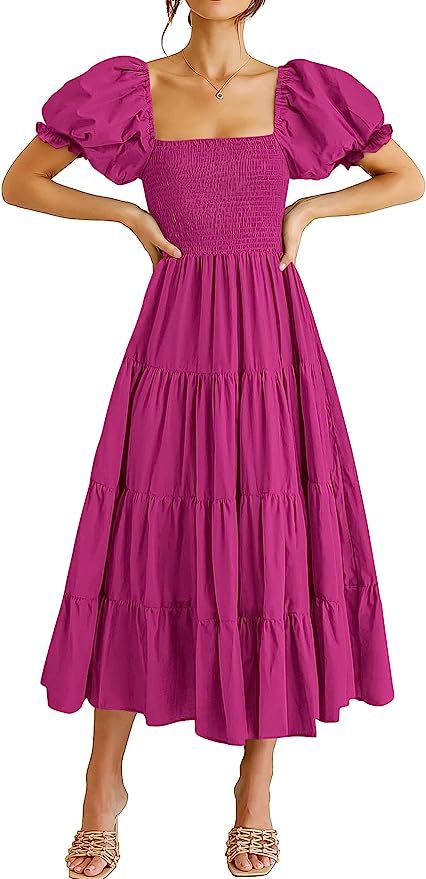 ANRABESS Women's Casual Summer Midi Dress Puffy Short Sleeve Square Neck Smocked Tiered Boho Dres... | Amazon (US)