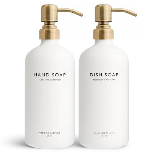 Vine Creations White Glass Soap Dispenser Set, Dish Soap and Hand Soap Dispenser Set with Stainless Steel Pump, 16 oz Glass Dispensers for Kitchen or Bathroom Decor (Matte White Bottle/Brushed Brass) | Amazon (US)