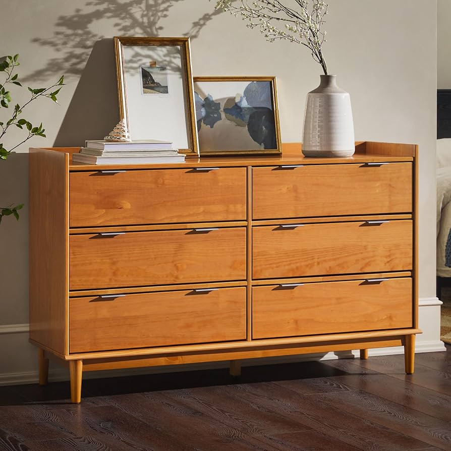 Walker Edison Polay Modern Solid Wood 6-Drawer Dresser with Gallery-Top 55 Inch Caramel | Amazon (US)