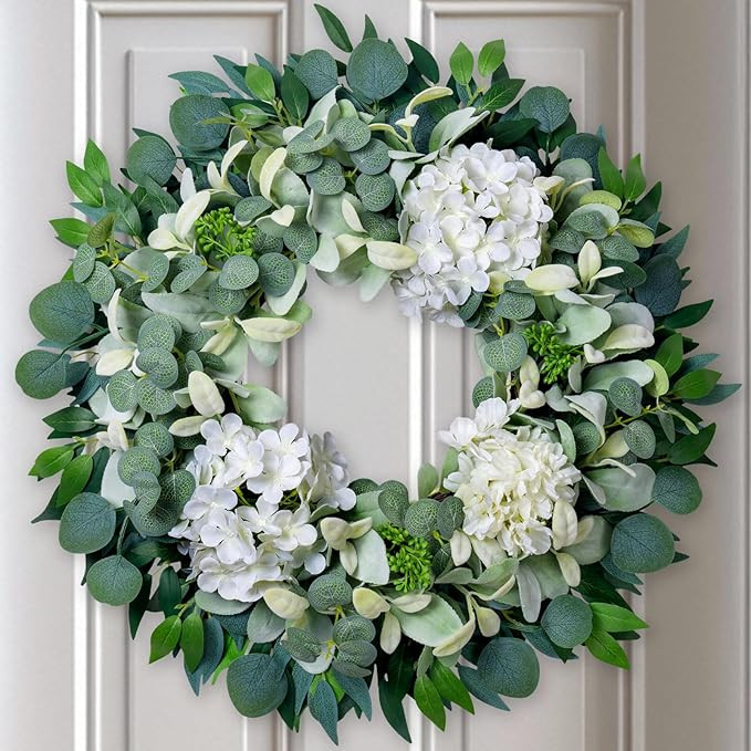 Spring Summer Wreaths for Front Door Porch, 22" Hydrangea Eucalyptus Wreath for Indoor Outdoor Al... | Amazon (US)