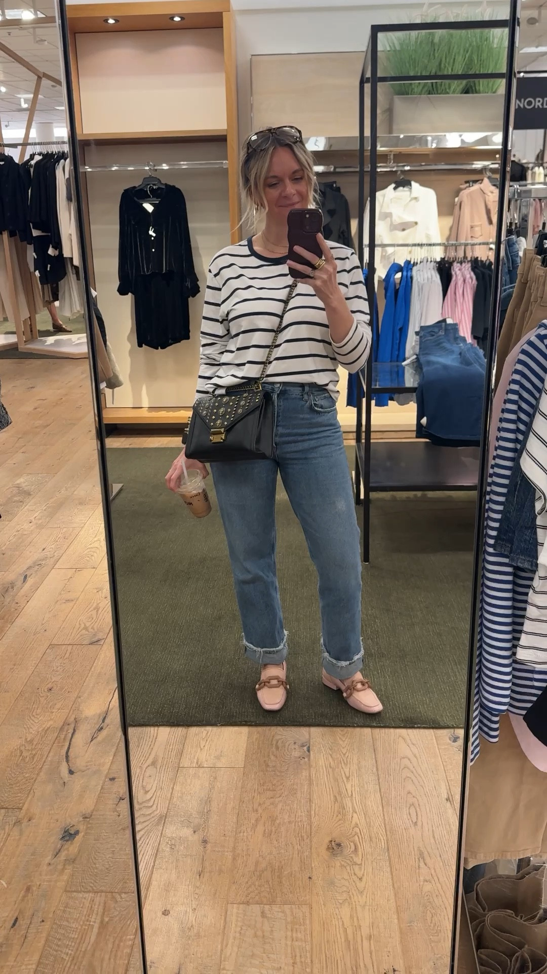 Client appointment OOTD ✔️ Stripes + straight leg jeans + a good bag never misses. The formula: one classic print, one structured accessory, and a cuff on the hem to make it intentional. Simple, timeless, and everything is linked below! 🛍️ 

#LTKootd #LTKdayinmylife #LTKOver40