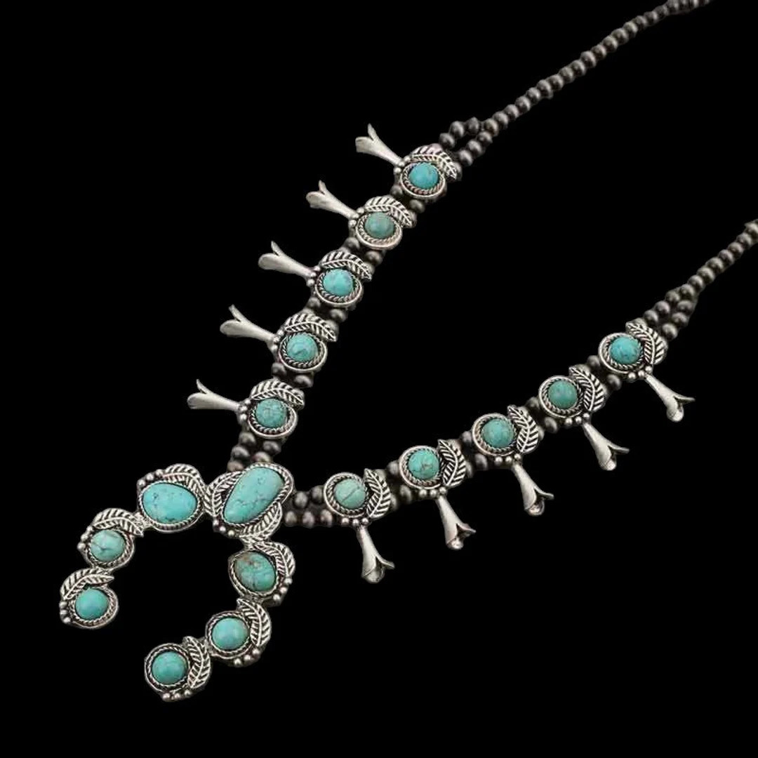 Full Squash Blossom Natural Turquoise Necklace - Etsy | Etsy (US)