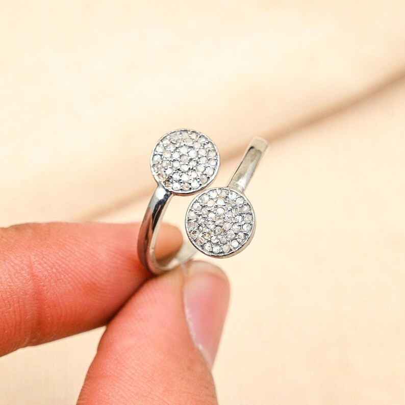 Elegant 925 Sterling Silver Adjustable Diamond Ring, Unique Double Circle Design, Dazzling Pave D... | Etsy (US)