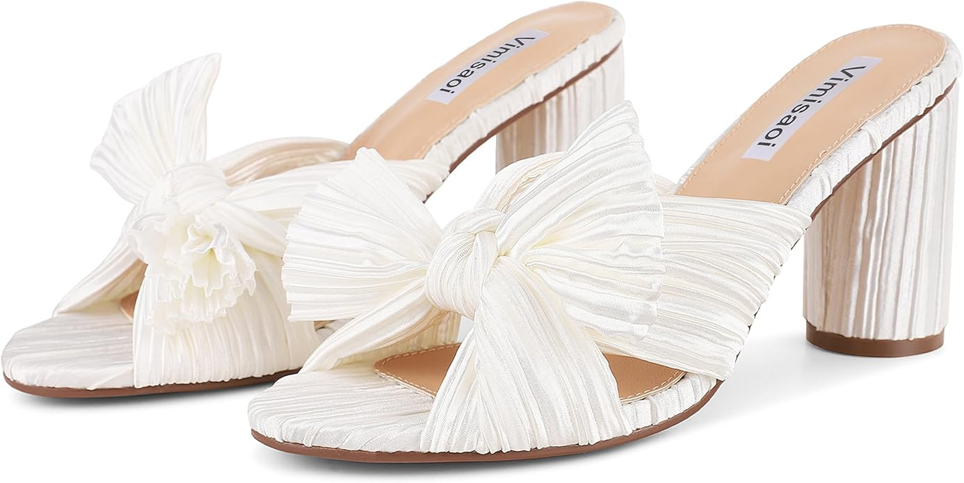 VIMISAOI Womens Bow Heels High Block Chunky Slide Sandals Open Toe Ankle Strap Wedding Dress Pump... | Amazon (US)