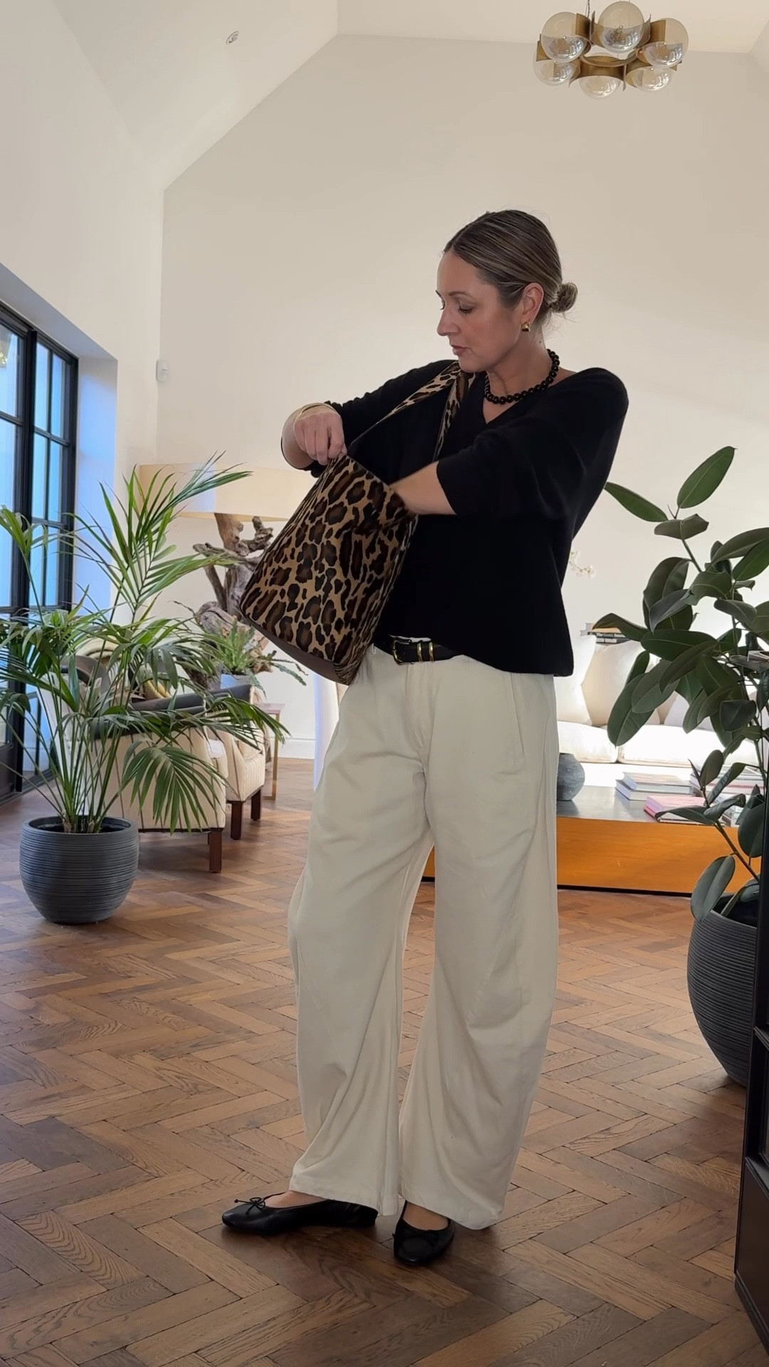 Easy spring outfit 🤍 Free People Trousers | V-Neck Cashmere | Ballet Pumps | Leopard Print Bag 

#LTKstyletip #LTKspring #LTKuk