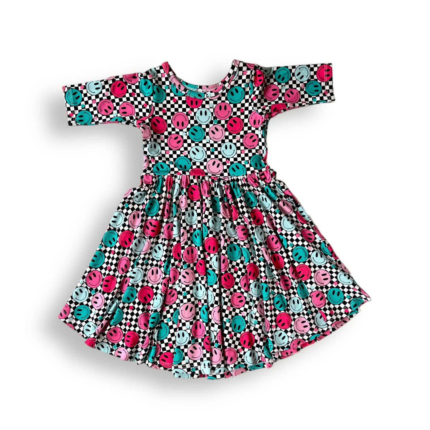 MID SLEEVE TWIRL DRESS- Pink Smile Check | millie + roo