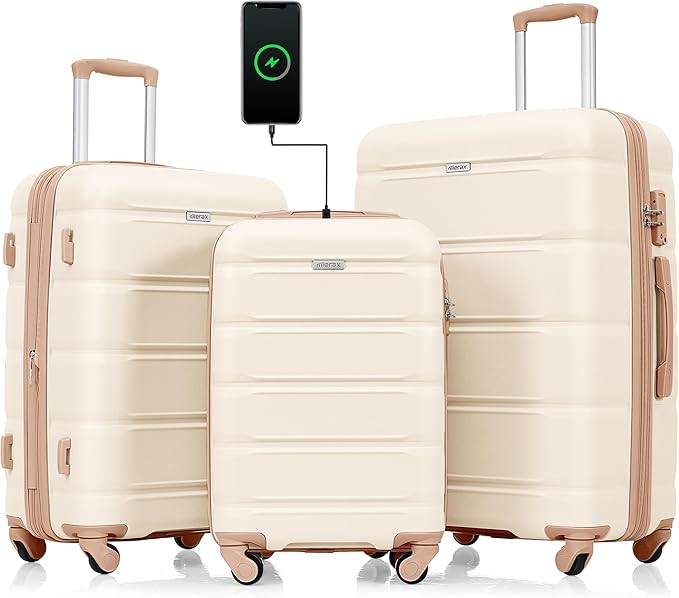 Merax 3 Pcs ABS Hardside Luggage Sets Expandable Spinner Wheel Suitcases Cup Holder, Pearly White... | Amazon (US)